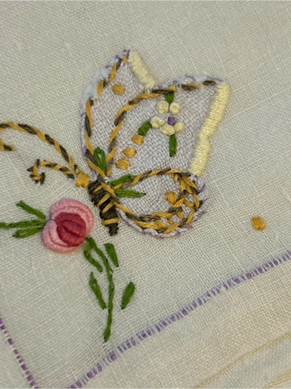 Vintage Embroidered Butterfly Linen Napkins purple stitch trim
